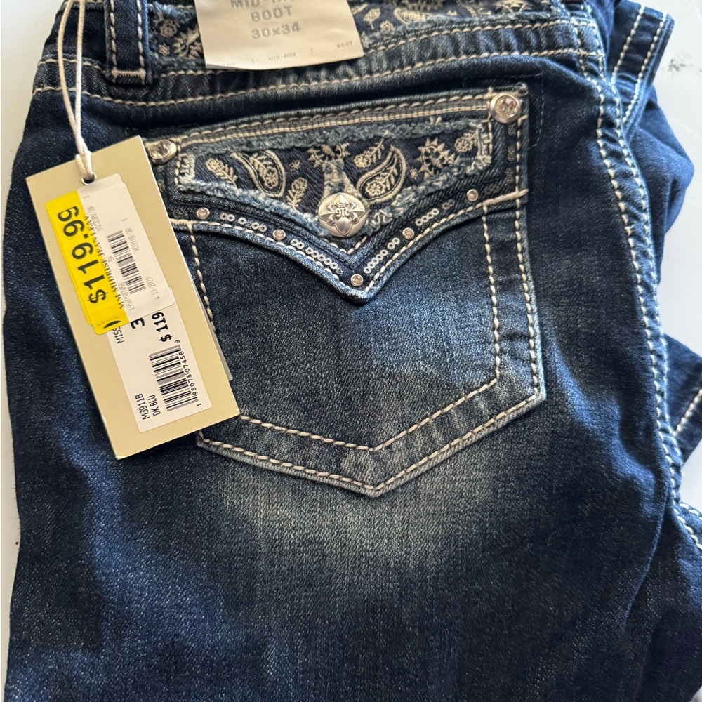 Miss Me Dark Blue Boot Cut Jeans with Silver Embellishments